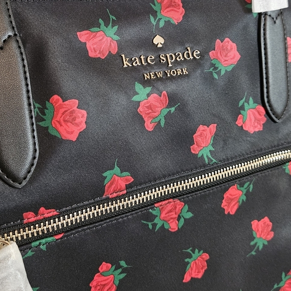 NWT Kate Spade Chelsea Rose Toss Printed Tote Black Red MSRP $349 - Picture 2 of 14